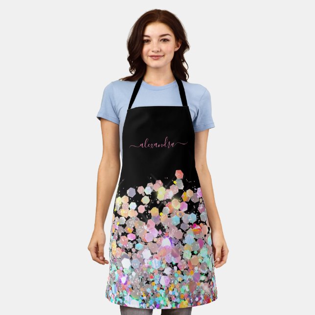 Holographic Sparkle Glitter Custom Black Modern Apron (Worn)