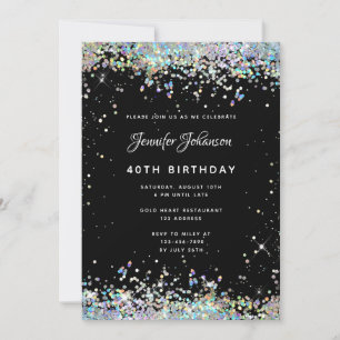 Holographic Sparkly Glitter 40th Birthday Black Invitation