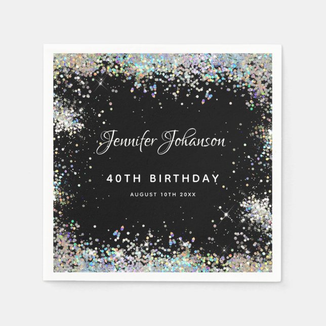 Holographic Sparkly Glitter 40th Birthday Black Napkins (Front)