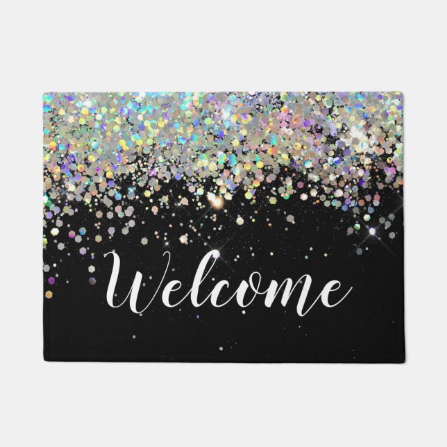 Holographic Sparkly Glitter Black Custom Doormat (Front)