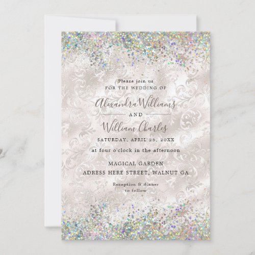 Holographic Sparkly Glitter Elegant Ivory Wedding Invitation