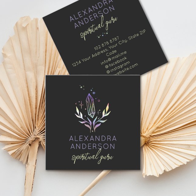 Holographic Spiritual Crystals Mystic Black Square Business Card (Holographic Spiritual Crystals Mystic Black Square Business Card)