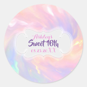 Holographic Sweet 16th Name Pink Date Quinceañera Classic Round Sticker
