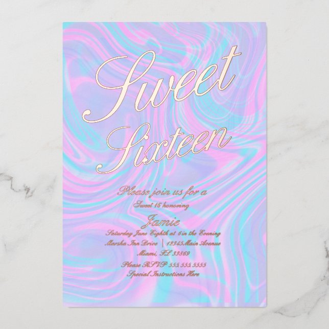 Holographic Sweet Sixteen Colorful Gold Pressed   Foil Invitation (Front)