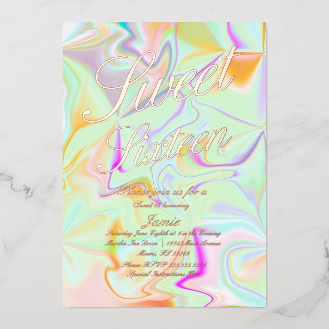 Holographic Sweet Sixteen  Liquid Gold Pressed Foil Invitation (Front)