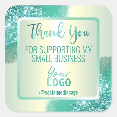 Holographic Teal Mint Thank You Business Logo Square Sticker