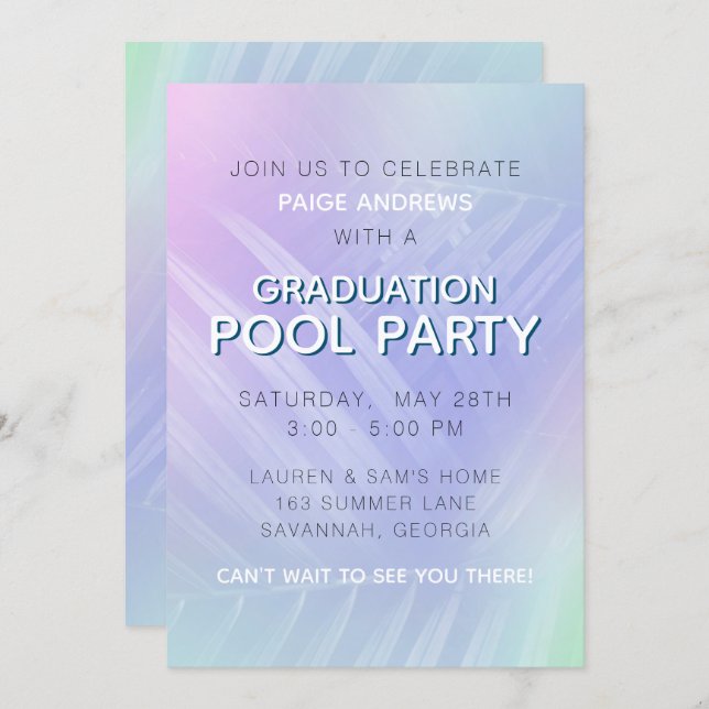 Holographic Tropical Leaves Graduation Pool Party Invitation (Front/Back)