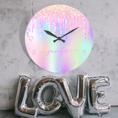 Holographic unicorn glitter drip rainbow monogram large clock