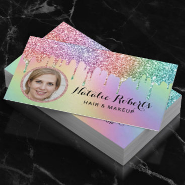 Holographic Unicorn Glitter Drips Beauty Photo Business Card