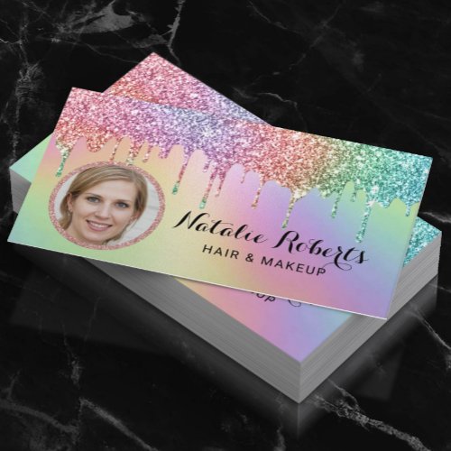 Holographic Unicorn Glitter Drips Beauty Photo Business Card