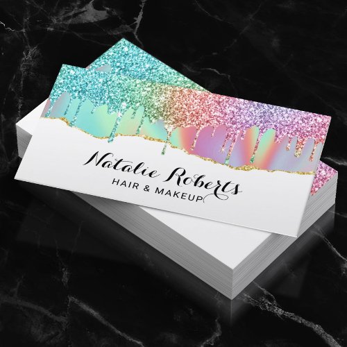 Holographic Unicorn Glitter Drips Beauty Salon 2 Business Card