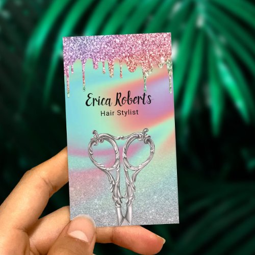 Holographic Unicorn Glitter Drips Hair Salon Business Card