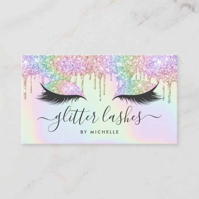 Holographic unicorn glitter drips makeup lashes business card (Front)