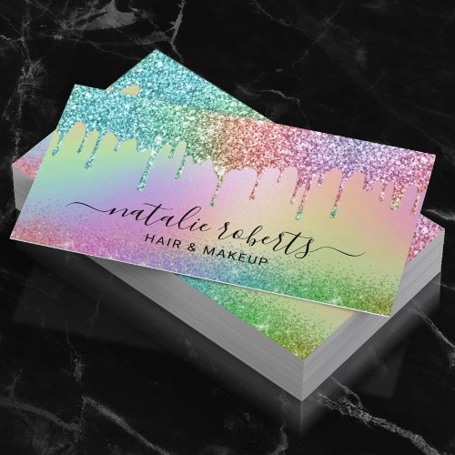 Holographic Unicorn Glitter Drips Modern Salon Spa Business Card