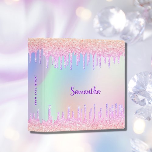 Holographic unicorn glitter drips pink monogram 3 ring binder