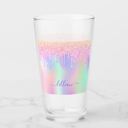 Holographic unicorn glitter drips rainbow name glass