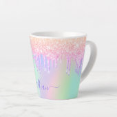 Holographic unicorn glitter drips rainbow name latte mug (Right Angle)