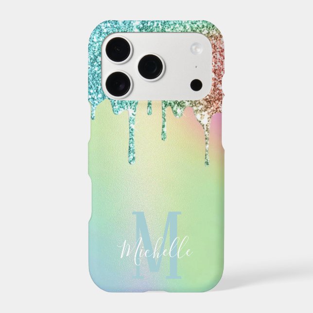 Holographic Unicorn Glitter Drips Script Monogram Iphone Case (Back)