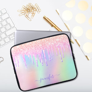 Holographic unicorn glitter rainbow monogram glam laptop sleeve