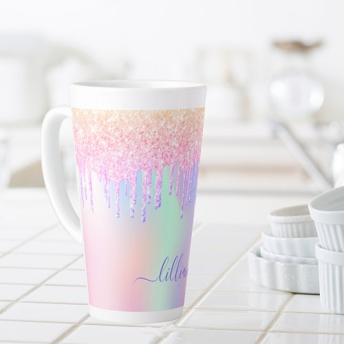 Holographic unicorn glitter rainbow name script latte mug