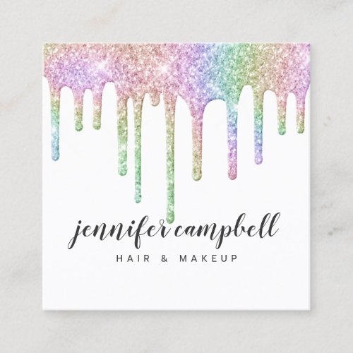 Holographic unicorn hair makeup glitter drips chic square business card