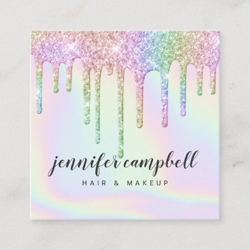 Holographic unicorn makeup hair glitter drips chic square business card