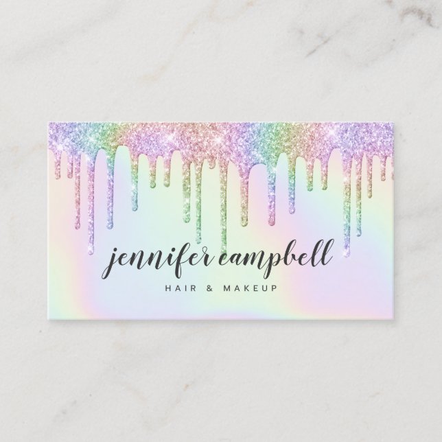 Holographic unicorn makeup hair glitter drips glam business card (Front)