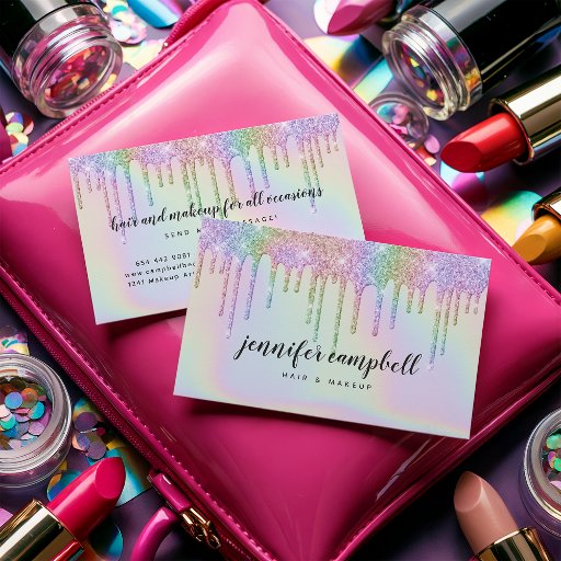 Customizable Holographic unicorn makeup hair glitter drips glam business card