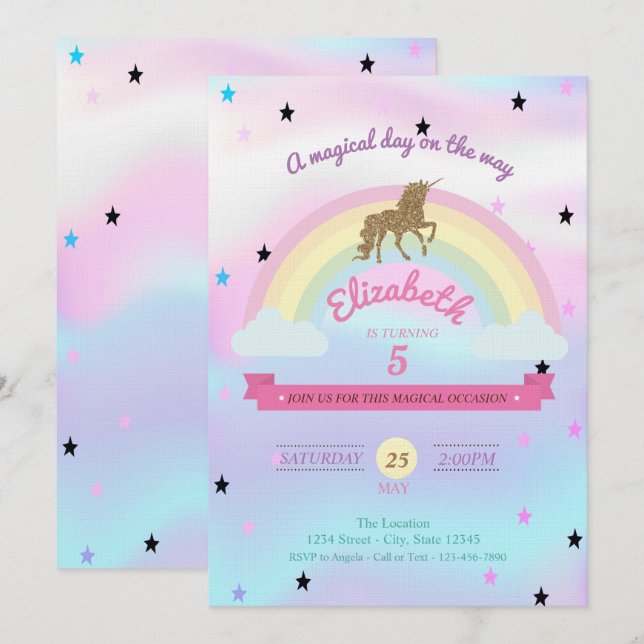Holographic Unicorn,Rainbow Birthday Invitation (Front/Back)