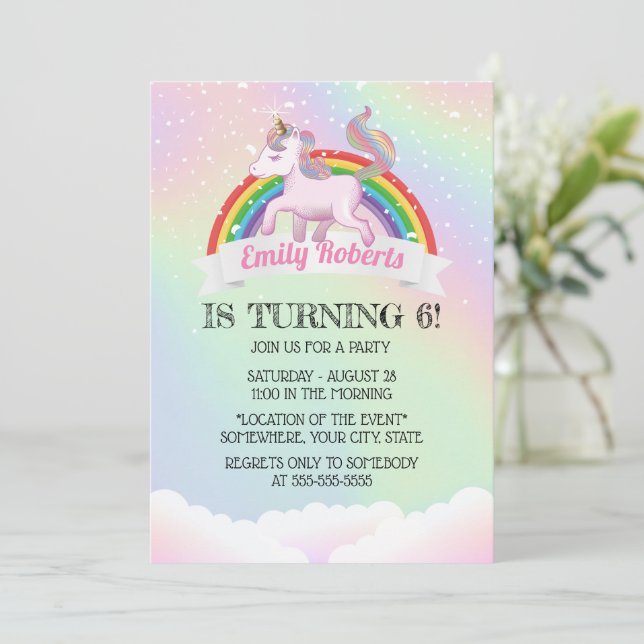 Holographic Unicorn & Rainbow Birthday Party Invitation (Standing Front)