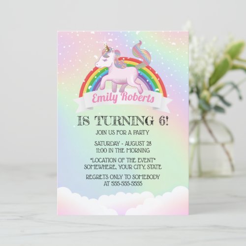 Holographic Unicorn  Rainbow Birthday Party Invitation