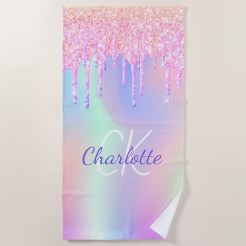 Holographic unicorn rainbow glitter drips name beach towel