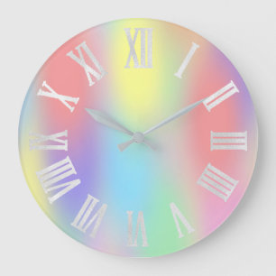 Holographic Unicorn Rainbow Gray Roman Numbers Large Clock