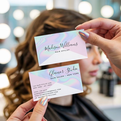 Holographic unicorn rainbow hair pink color block business card