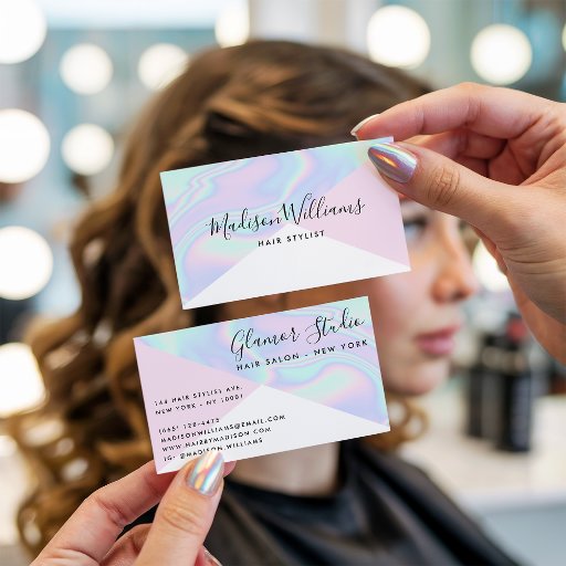 Customizable Holographic unicorn rainbow hair pink color block business card