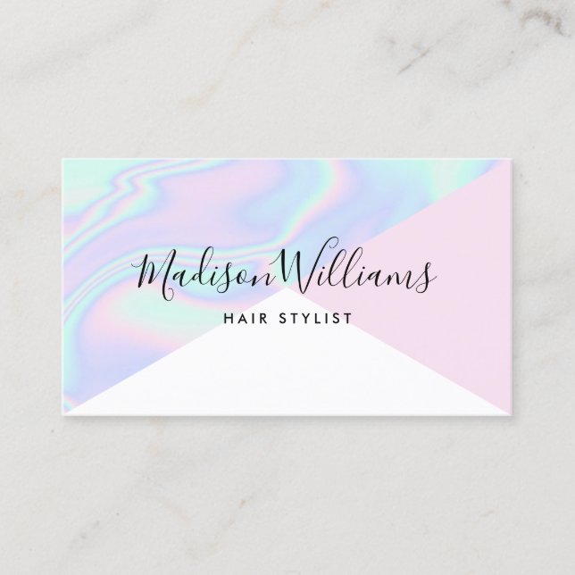 Holographic unicorn rainbow hair pink color block business card (Front)