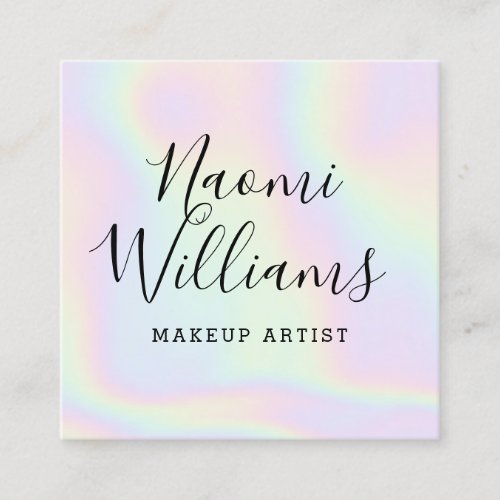 Holographic unicorn rainbow modern script makeup square business card