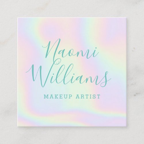 Holographic unicorn rainbow modern teal script square business card