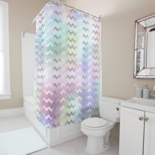 Holographic Unicorn Rainbow Pink Chevron Stripes Shower Curtain