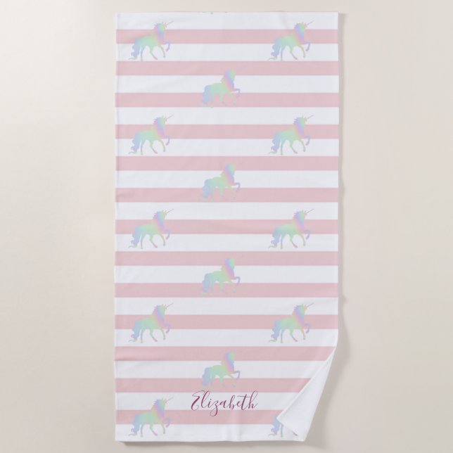 Holographic Unicorn Stripes Personalized Beach Towel (Front)