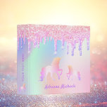 Holographic unicorns pink drips girl 3 ring binder<br><div class="desc">A trendy holographic background with unicorns and rainbow pastel colors in pink,  purple,  mint green. Decorated with drips in pink and purple. Personalize and add a name,   purple colored letters .Add your text on the spine.  Perfect for school homework,  back to school.</div>