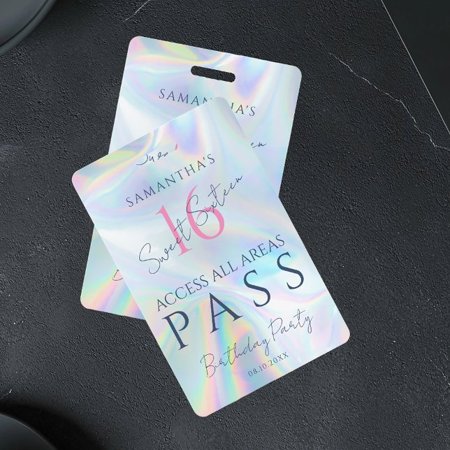 Holographic VIP Access 16th Birthday Invitation Badge (Sweet 16 VIP Pass Holographic ID Badge)