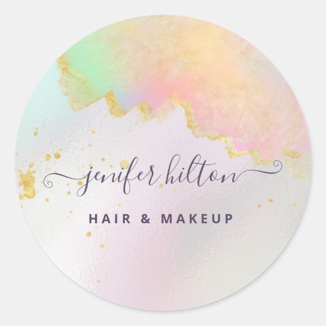 Holographic watercolor elegant abstract signature  classic round sticker (Front)