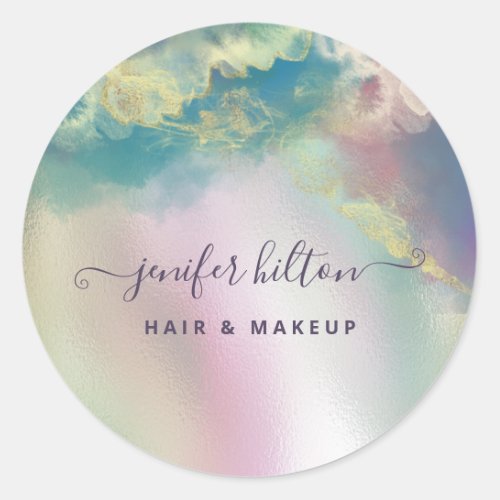 Holographic watercolor elegant abstract signature  classic round sticker