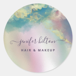 Holographic watercolor elegant abstract signature classic round sticker