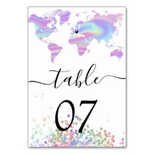 Holographic Wedding Destination World Map Heart T Table Number