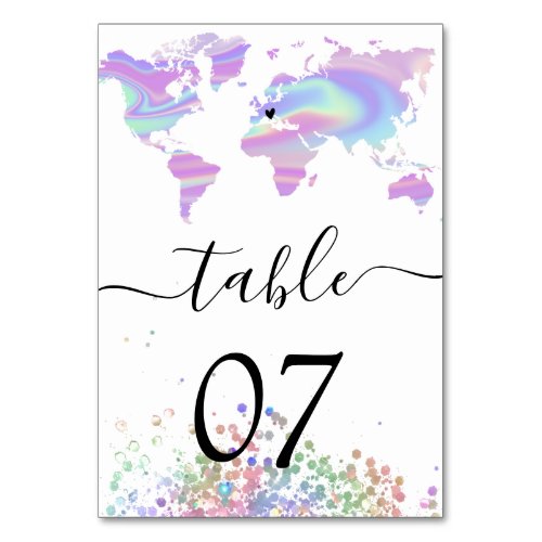  Holographic Wedding Destination World Map Heart T Table Number