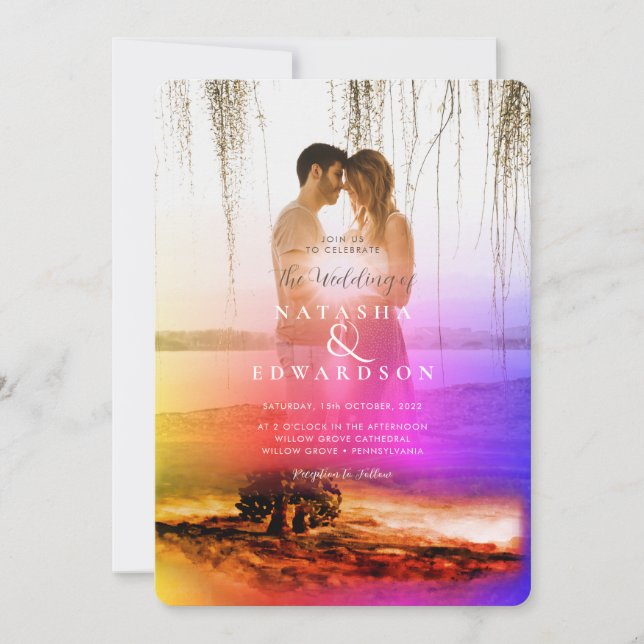 Holography Gold Landscape Overlay 2 Photos Wedding Invitation (Front)