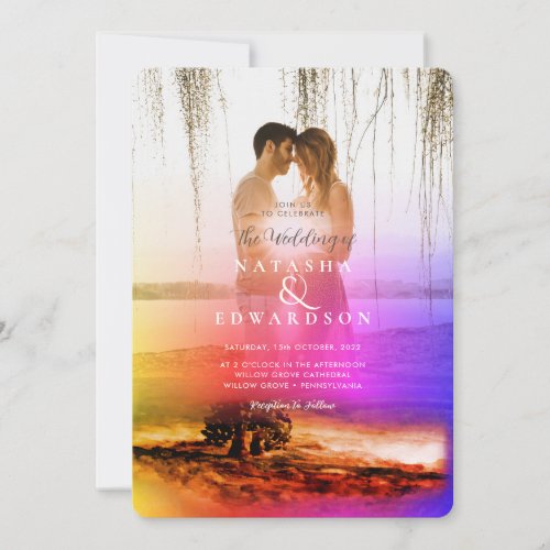 Holography Gold Landscape Overlay 2 Photos Wedding Invitation