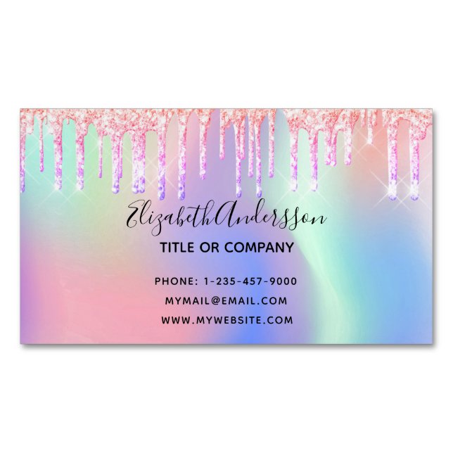 Holograpic glitter drips makeup hair business card magnet (Front)